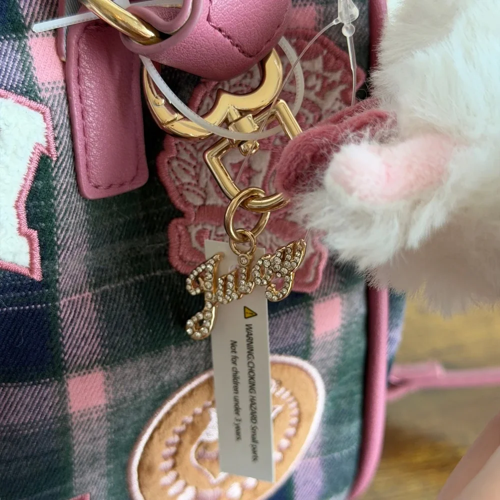 New Juicy Couture Varsity Plaid Satchel Pink Green Crossbody Handbag Scottie